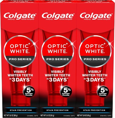 Picture of Colgate Optic White Pro Series Stain Prevention Hydrogen Peroxide Toothpaste, Teeth Whitening Toothpaste, Effectively Removes Tea, Coffee, and Wine Stains, Enamel-Safe for Daily Use, 3 Pack, 3.0 oz