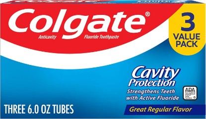 Picture of Colgate Cavity Protection Fluoride Toothpaste, Mint, 3 Pack, 6 oz | Anticavity Adult Toothpaste Pack, Fights Cavities, Enamel Strengthening, ADA Accepted, Great Regular Mint Flavor