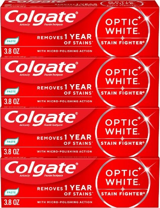 Picture of Colgate Optic White Stain Fighter Whitening Toothpaste, Mint, 4 Pack, 3.8oz | Removes 1 Year of Stains With Micro-Polishing Action, Enamel Safe for Everyday Use, Peroxide Free, Fluoride Formulated