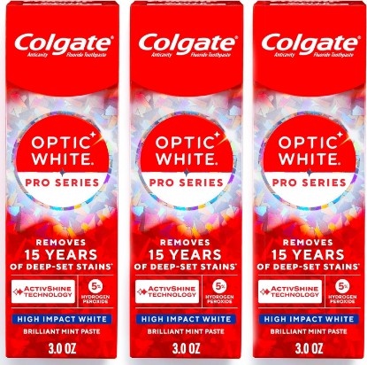 Picture of Colgate Optic White Pro Series High Impact White, 3 Pack, Teeth Whitening Toothpaste with 5% Hydrogen Peroxide and ActivShine, Brilliant Mint Flavor, 3.0 OZ