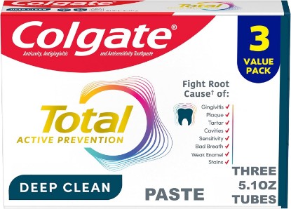 Picture of Colgate Total Deep Clean Toothpaste, Mint, 3 Pack, 5.1 oz | Anticavity Fluoride Toothpaste, Clinically Proven Fluoride Formula Fights Plaque, Gingivitis, Tartar, Sensitivity, Bad Breath