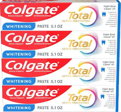 Picture of Colgate Total Whitening Toothpaste with Fluoride, Bulk 4 Pack, 5.1 oz | Mint Flavor, Anticavity, Antigingivitis, Antisensitivity Toothpaste, Helps Remove Stains, Fights Bacteria