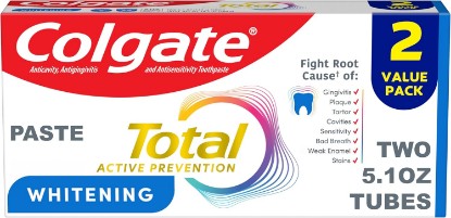 Picture of Colgate Total Whitening Fluoride Toothpaste, Mint, 2 Pack, 5.1 oz | Antibacterial, Antigingivitis, Antisensitivity, Stain Removal, Strengthens Enamel, Freshens Breath