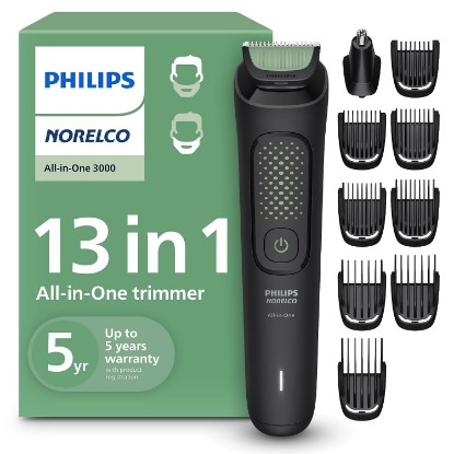 Picture of Philips Norelco All-in-One 3000 Series 13 in 1 Trimmer, Beard Styler & Men's Hair Clipper, 9 Length Settings & Self-Sharpening Skin-Friendly Blades, MG3919/50 | Electric Beard Styler, Nose Trimmer & Hair Clipper, Skin-Friendly Blades, 9 Lengths, 60-Min Runtime, Rinseable, MG3919/50