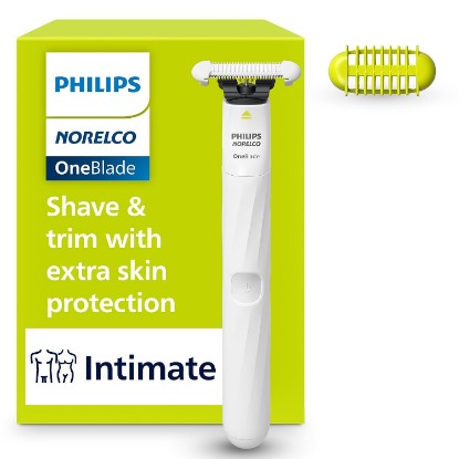 Picture of Philips Norelco OneBlade Intimate Trimmer and Shaver with Skin Protection | SkinProtect Blade, Designed for Pubic Grooming, 100% Showerproof, 30-Min Runtime, Includes Body Comb, QP1924/70 GreenCircle Certified: Certified Environmental Facts Label