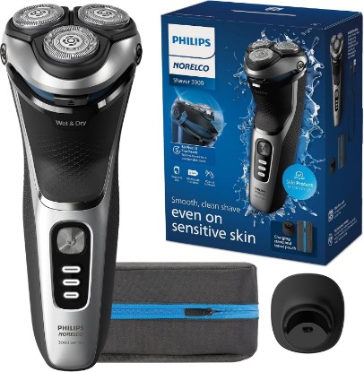 Picture of Philips Norelco 3900 Electric Shaver, Storm Blue | 27 Self Sharpening ComfortCut Blades, 5D Pivot & Flex Heads, Wet or Dry Use, Includes Travel Pouch & Charging Stand, S3341/92 GreenCircle Certified: Certified Environmental Facts Label