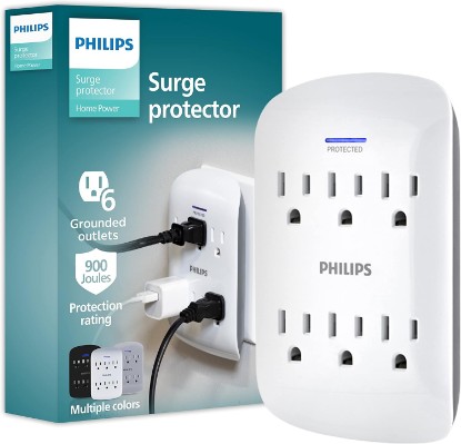 Picture of PHILIPS 6-Outlet Extender Surge Protector, Wall Tap, 900 Joules, 3-Prong | Space Saving Design, Protection Indicator LED Light, ETL Listed, White, SPP3461WA/37