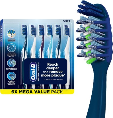 Picture of Oral-B Pro Clean CrossAction Manual Toothbrush, 6- Pack, Medium Soft Bristle Brushes for Adults, Deep Plaque Removal, Daily Gum Health and Fresh Breath, Travel Toiletries