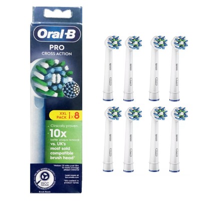 Picture of Oral-B Pro Cross Action Electric Toothbrush Head, X-Shape and Angled Bristles for Deeper Plaque Removal, Pack of 8 Toothbrush Heads, White GreenCircle Certified: Certified Environmental Facts Label
