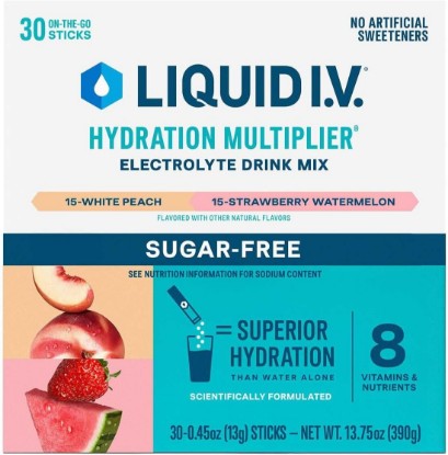 Picture of Liquid I.V. Hydration Multiplier Sugar Free Variety Pack, 30 Servings - White Peach and Strawberry Watermelon |Electrolyte Drink Mix | Easy Open Single-Serving Sticks| Non-GMO