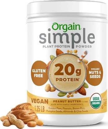 Picture of Orgain Organic Simple 20g Vegan Protein Powder, Peanut Butter, 1.25lb | Plant based protein made with less ingredients, no artificial sweeteners, gluten free, no dairy, packaging may vary USDA Organic
