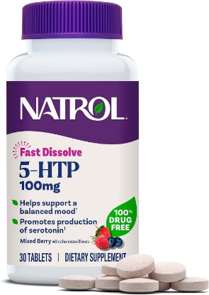 Picture of Natrol 5-HTP 100 mg Fast Dissolve, 30 Mixed Berry Tablets | Promotes the Production of Serotonin, No Water Needed, 100% Drug-Free, Non-Habit Forming
