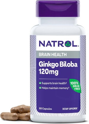 Picture of Natrol Ginkgo Biloba 120mg, Brain Health and Memory Support, 60 Capsules | Herbal Supplement, Support Blood Dlow to the Brain, 60 Day Supply