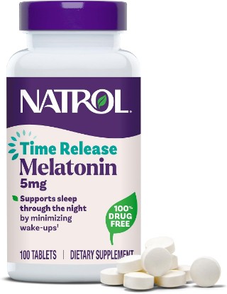 Picture of Natrol Melatonin 5 mg Time Release, Nighttime Sleep Aid, 100 Tablets | Dietary Supplement to Minimize Wake Ups, 100% Drug-Free, Non-Habit Forming, For Occasional Sleeplessness, 100 Day Supply