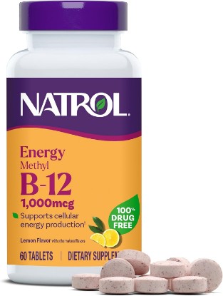 Picture of Natrol Energy Methyl B-12 1000 mcg, Lemon Flavored, 60 Chewable Tablets | B12 Supplementation, Supports Brain Health & Cellular Energy Production, Suitable for Vegans and Vegetarians