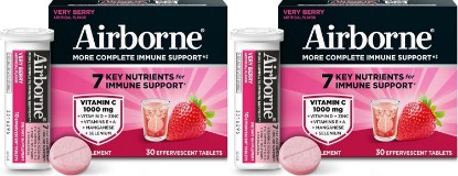 Picture of Airborne 1000mg Vitamin C with Vitamin D & Zinc, Sugar Free Multivitamin Immune Support Supplement, Antioxidants Vitamins A C & E, Very Berry Flavor, 30 Tablets (Pack of 2)
