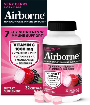 Picture of Airborne Very Berry Chewable Tablets, 32ct | Immune Support Supplement with 1000mg Vitamin C + Vitamins A, D, E, Zinc,Selenium, & Manganese | Herbal blend | Gluten Free