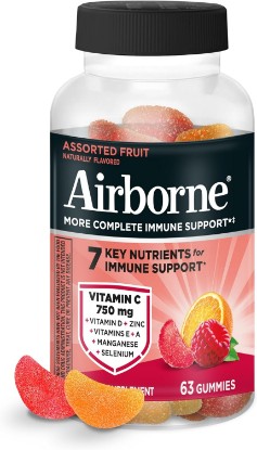 Picture of Airborne Immune Support Gummies, Assorted Fruit Flavor, 63 Ct - 750 mg Vitamin C + Vitamins A, D & E + Zinc, Selenium, and Manganese | with Herbal Blend | Naturally Flavored