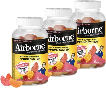 Picture of Airborne 750mg Vitamin C Immune Support Supplement Gummies for Adults, Assorted Fruit Flavor, Gluten Free Crafted Blend with Powerful Antioxidants Vitamins A C & E, 63 Gummies (3 Pack)