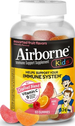 Picture of Airborne Kids 500mg Vitamin C Gummies, Kids Immune Support Zinc Gummies with Powerful Antioxidants VIT C & E - 63, Assorted Fruit Flavor