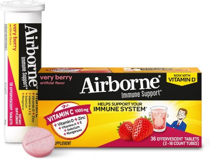 Picture of Vitamin C 1000mg (per serving) - Airborne Very Berry Effervescent Tablets (36 count in a box), Gluten-Free Immune Support Supplement, With Vitamins A C E, ZINC, Selenium, Echinacea & Ginger
