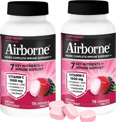 Picture of Airborne 1000mg Vitamin C + Zinc Immune Support Supplement Chewable Tablets Powerful Antioxidants Vitamins A C & E, 116 Chewable Tablets, Very Berry Flavor (2 Pack)