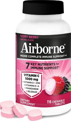 Picture of Airborne Very Berry Chewable Tablets, 116ct | Immune Support Supplement with 1000mg Vitamin C + Vitamins A, D, E, Zinc,Selenium, & Manganese | Herbal Blend | Gluten Free | Antioxidants Vitamins A, D & E + Zinc, Selenium, and Manganese, Herbal Blend, Multivitamin Supplements, Immune Health, Tasty