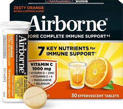 Picture of Airborne Immune Support Effervescent Tablets, Zesty Orange Flavor - 30ct with 1000mg Vitamin C + Vitamins A, D, E, Zinc, Selenium, Manganese & Herbal Blend - Sugar‑Free, Gluten‑Free