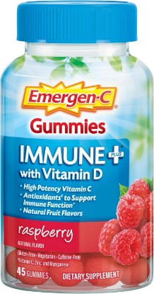 Picture of Emergen-C Immune+ Triple Action Immune Support Gummies, BetaVia (R), 1000mg Vitamin C, B Vitamins, Vitamin D and Antioxidants, Raspberry – 45 Count GreenCircle Certified: Certified Environmental Facts Label