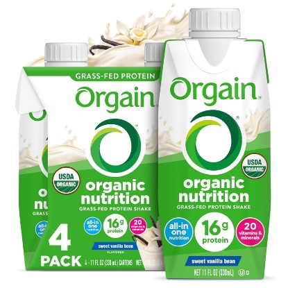 Picture of Orgain Organic Grass Fed Dairy 16g Protein Shake, Vanilla, 11oz, 4pk | Ready to drink grass-fed dairy protein, meal replacement, 20 vitamins & minerals, fruits & vegetables, non-GMO, gluten-free USDA Organic