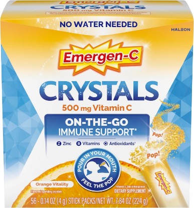 Picture of Emergen-C Vitamin C 500mg, Immune Support Crystals, Orange, 56 Packets | High Potency Vitamin C, B Vitamins for Energy, Zinc and Manganese, No Water Needed, Easy Pouch Format