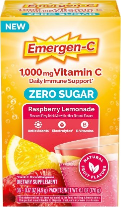 Picture of Emergen-C Vitamin C 1000mg Immune Support, Raspberry Lemonade, 36 Packets | Zero Sugar, B Vitamins for Energy, Zinc and Manganese, Electrolytes, Stevia Sweetened, Caffeine Free