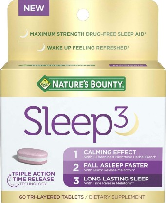 Picture of Nature's Bounty Sleep3 Melatonin 10mg, 60 Tri-Layered Tablets | Maximum Strength 100% Drug Free Sleep Aid, Dietary Supplement, L-Theanine & Nighttime Herbal Blend Time Release Technology