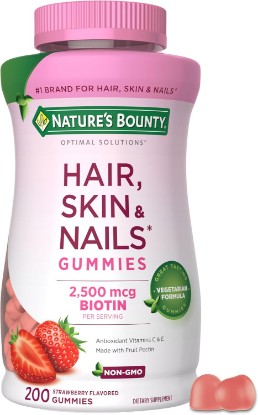 Picture of Nature's Bounty Optimal Solutions Hair, Skin & Nails Pectin Gummies | 2500mcg Biotin Per 2 Gummies, No Stick Gummy, Vegetarian Formula, Strawberry Flavor, 200 count, 100 Total Servings