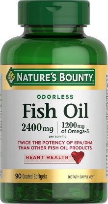 Picture of Nature's Bounty Odorless Fish Oil, 1200mg Omega-3 per Serving Including EPA & DHA, Supports Heart Health, Purified to Eliminate Mercury, Coated Softgels, Gluten Free, No Shellfish, 90 Ct