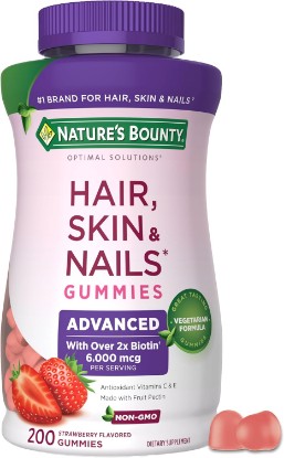 Picture of Nature's Bounty Optimal Solutions Advanced Hair, Skin & Nail Pectin Gummies | 6000 mcg Biotin Per 2 Gummies, No Stick Gummy, Vegetarian Formula, Strawberry Flavor, 200 Count, 100 Total Servings