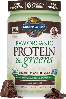 Picture of Garden of Life Raw Organic Protein & Greens Powder, Chocolate, 20 Servings | Vegan Protein Powder for Women and Men, Plant & Pea Protein, Greens & Probiotics, Gluten Free, Low Carb, Made Without Dairy USDA Organic