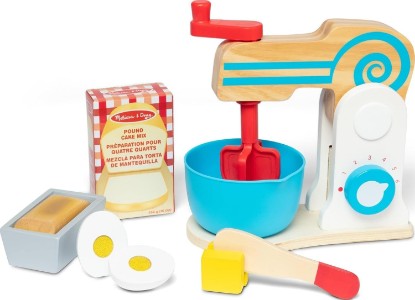 Picture of Melissa & Doug Wooden Make-a-Cake Mixer Pretend Play Baking Set | 10 Pieces, Wooden Hand-Crank Mixer, Sliceable Egg & Butter, Cake Pan, Kitchen Play Food Set, Preschool Toys for Kids, Ages 3+