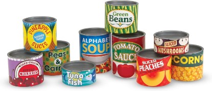 Picture of Melissa & Doug Let's Play House, 10 Grocery Cans with Removable Lids, Toy Food & Play Kitchen Accessories, Preschool Learning Toys for Girls & Boys 3+ | 10 Pieces, Stackable Cans, Removable Plastic Lids, Pretend Play Food, Montessori Inspired, Preschool Toys for Kids, Ages 3+