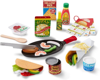 Picture of Melissa & Doug Fill & Fold Taco & Tortilla Set, 43 Pieces – Sliceable Wooden Mexican Play Food, Skillet, and More - FSC Certified | 43 Pieces, Sliceable Wooden Play Food, Pretend Play Cooking, Skillet, Hard Taco, Tortillas, Preschool Toys for Kids, Ages 3+