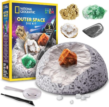 Picture of National Geographic Outer Space Gemstone Dig Kit with 5 Real Specimens | 5 Real Rocks and Gemstones, Space-Themed Dig Brick, Excavation Tools, Magnifying Glass, STEM Activity, Birthday Gift