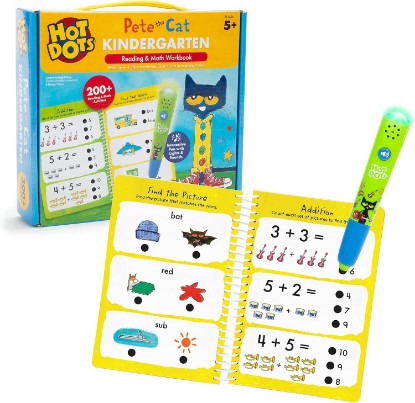 Picture of Educational Insights Hot Dots Pete The Cat Kindergarten Reading & Math Workbook - Kindergarten Workbooks with Interactive Pen, Homeschool Learning Books, Build Early Reading & Math Skills, Ages 5+