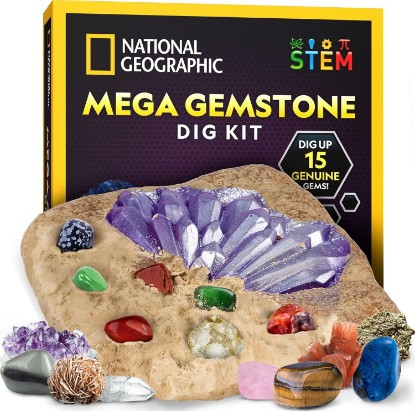 Picture of NATIONAL GEOGRAPHIC Mega Gemstone Dig Kit – Dig Up 15 Real Gemstones and Crystals, Science Kit for Kids, Gem Digging Kit, Gift for Girls and Boys, Mining Kit, Rock Collection | Amethyst, Pyrite, Quartz & More, Gem Mining Activity, Excavation Tools, Magnifying Glass, Rock Collection, Birthday Gift