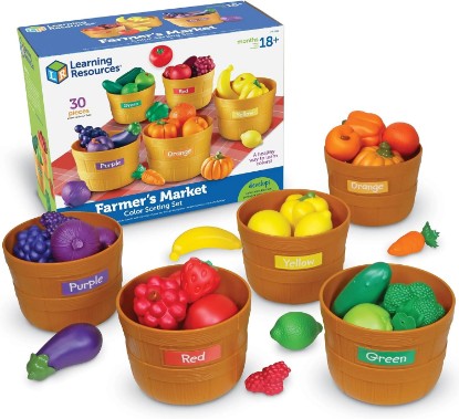 Picture of Learning Resources Farmer's Market Color Sorting Set | Pretend Play Food Sets for Kids Kitchen, Color Sorting Toys, Plastic Fruit and Vegetable Toy for Kids Kitchen Set