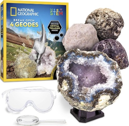 Picture of National Geographic Break Open 4 Geodes Earth Science Kit for Kids | 4 Natural Geodes, Safety Goggles, Real Crystals Inside, Break Your Own Geodes, Earth Science Activity, Birthday Gift