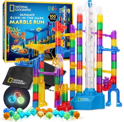 Picture of National Geographic Glow-in-the-Dark Motorized Marble Run for Kids 8-12 | 100-Piece Marble Maze Game, Building Toy with Double-Sided Motorized Elevator, 20 Glowing Marbles, Race Track Set, STEM Toy