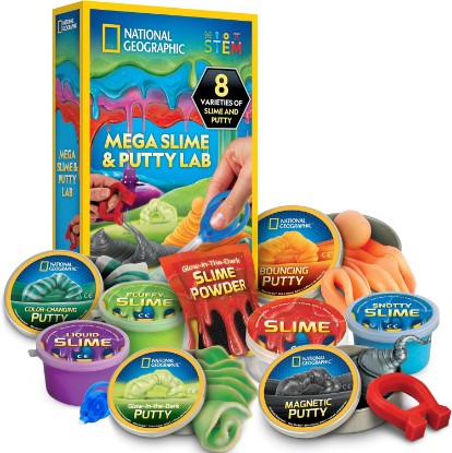 Picture of NATIONAL GEOGRAPHIC Mega Slime Kit & Putty Lab - 4 Types of Slime Plus 4 Types of Putty Including Magnetic, Slime Kit for Boys and Girls, Sensory Toy & Science Kit | 4 Slimes and 4 Putties, Magnetic and Glow-in-the-Dark Varieties, Science Toy for Kids, Storage Tins, Birthday Gift