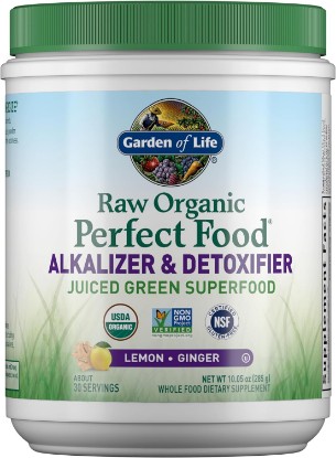 Picture of Garden of Life RAW Organic Perfect Food Alkalizer Detoxifier, 30 Servings | Greens Powder, Lemon Ginger Flavor, Concentrated Cereal Grass Juices, 51 Nutrient‑Dense Greens, Vegan USDA Organic