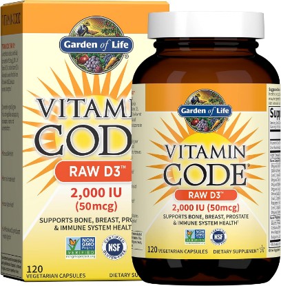 Picture of Garden of Life Vitamin D, Vitamin Code Raw D3, Vitamin D 2,000 IU, Raw Whole Food D3 Supplements with Chlorella, Fruit, Veggies & Probiotics for Bone & Immune Health, 120 Vegetarian Capsules | Probiotics and Enzymes for Immune Health, Bone Health, and Prostate Support, Vegan, Gluten-Free, Non-GMO