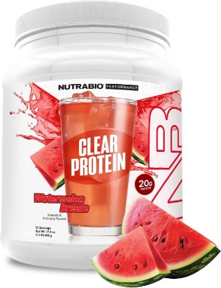 Picture of NutraBio Clear Protein Powder, Watermelon Breeze - 20 Servings, 20g Clear Whey Protein Isolate, 0 Sugar, 0g Lactose, Refreshing Fruit Flavors, GLP1 Support -Bone Health - Muscle Post Workout Recovery